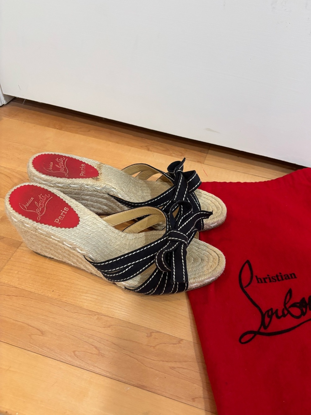 Christian Louboutin Black Striped Knot Espadrille Wedges with Red Insole